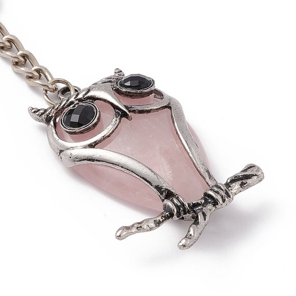 NWOT BIG Owl Natural Rose Quartz Gemstone Pendant Keychain, - Picture 3 of 5